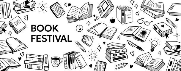 Book festival doodle poster with library icons and reading covers for literature event banner, school flyer and bookstore promotion design. Hand drawn vector layout © Tartila