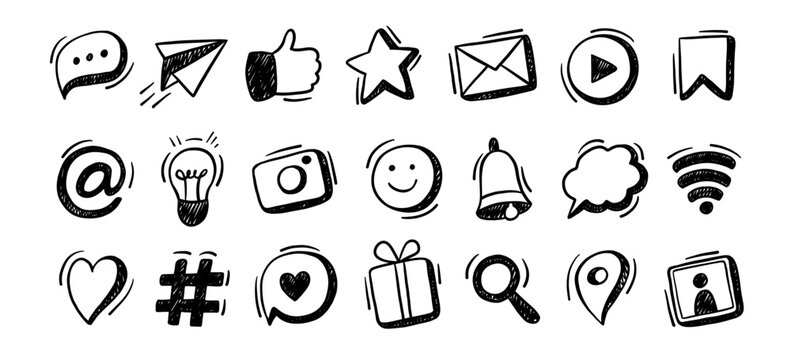 Social media doodle icons. Speech bubble, paper plane and like thumbs up, star rating and email envelope, play button and light bulb, camera, emoji and notification bell, wi-fi vector isolated set