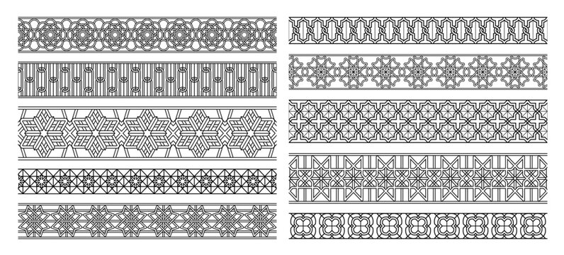 Arabic seamless pattern, Arabesque geometric borders and Muslim mosaic rosettes for Islamic traditional wallpaper and vintage textile. Oriental Arabian decorative dividers vector isolated set