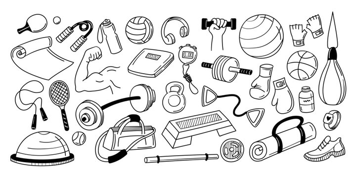 Sports equipment doodle icons. Dumbbells and boxing gloves for gym workout poster, fitness banner and training infographic. Outline kettlebell and smartwatch for exercise. Vector sketch isolated set