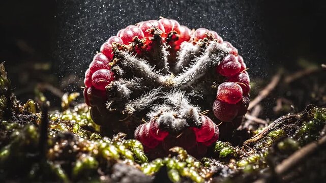 Macro photography of a single raspberry fruit