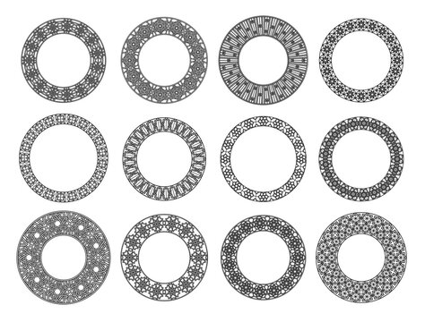 Islamic arabesque circle frame. Arabic rosette borders and Arabian geometric mosaic for ornament round badges, decorative certificate seals and heritage logo, classical circular monogram. Vector set