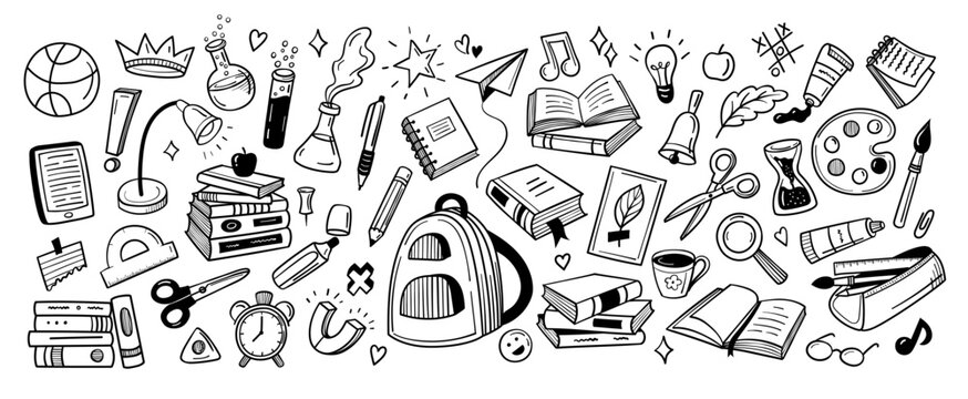 School doodle icons with education supplies, classroom stationery. book, notebook and backpack, pencil and crown, smartphone and paper airplane, light bulb and scissors, hourglass. Sketch vector set
