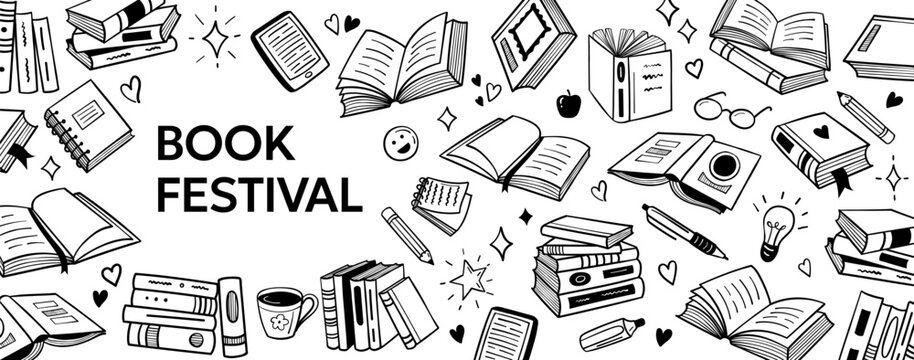 Book festival doodle poster with library icons and reading covers for literature event banner, school flyer and bookstore promotion design. Hand drawn vector layout