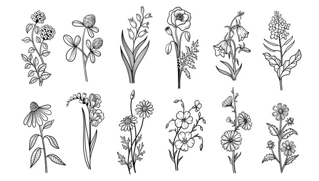 Wildflower herb doodle flowers set. Hand drawn clover, lily and poppy, bellflower and forget me not, coneflower and freesia, chamomile and pansy, cosmos, and daisy. Vector isolated sketch set