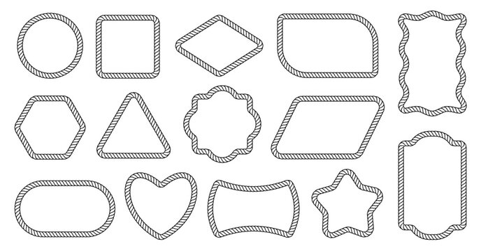 Rope frame border. Hexagon, heart and circle, square and star wavy rectangular line shapes for nautical vintage lasso outline label, marine badges or sailor, ship brand. Vector sketch isolated set