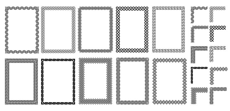 Celtic knot frames, border set with braided corners and interlaced ornaments for heritage certificates, medieval invitations, and Norse packaging. Geometric Nordic patterns isolated vector set
