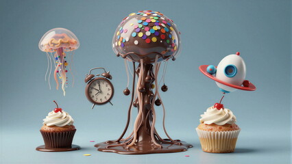 Naklejka premium Kalejdoskop Snów: Surrealistyczna Podróż Przez Pęknięte Wymiary Czasu, Przestrzeni i Nieskończonej Wyobraźni, Pop Art