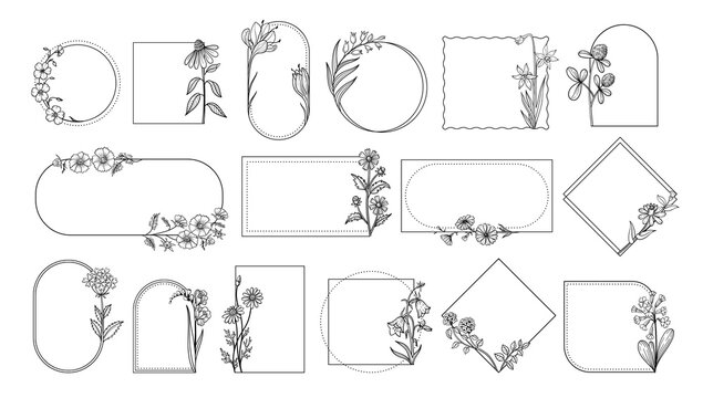 Botanical floral frames with wildflowers for wedding invitation, save the date card and organic skincare or cosmetic branding. Elegant line flower circular and rectangular borders isolated vector set