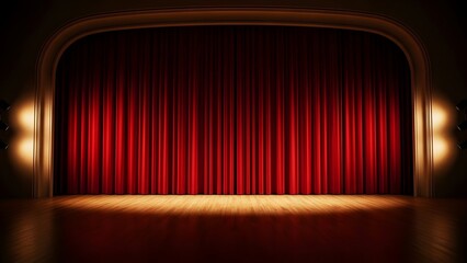An empty stage set, featuring a red curtain, ready for a performance to begin.  The image captures the anticipation and elegance of a theater.