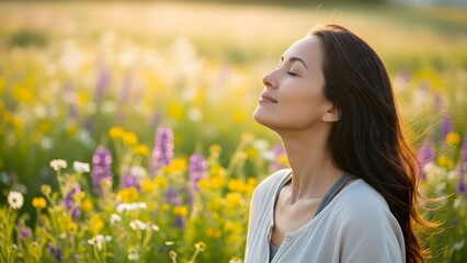 A woman takes a deep, refreshing breath in a vibrant field of wildflowers, with her eyes gently closed, reflecting a moment of peace and contentment amid the natural beauty.