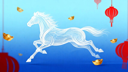 Spring Festival Running Horse Illustration with Blue Background