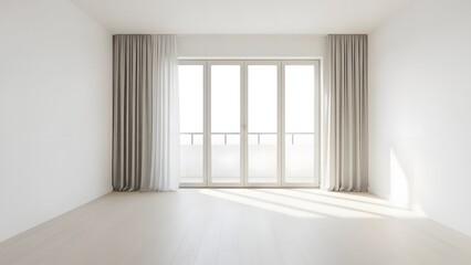 Fototapeta premium An empty, bright room is filled with soft light coming through a large window, creating a sense of spaciousness and tranquility. The minimalist design evokes a feeling of calm and limitless potential.