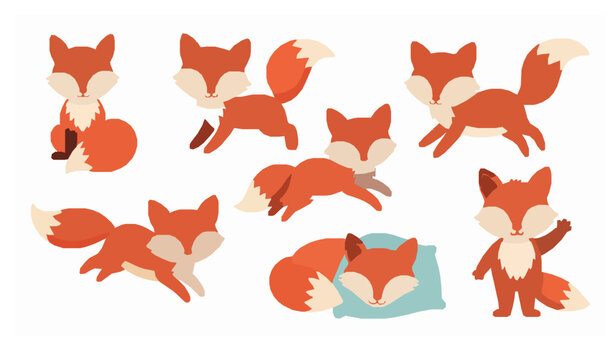 Cute cartoon fox collection flat vector illustration isolated on white
