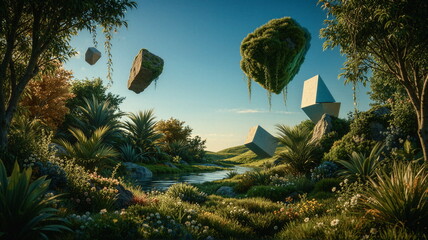 Naklejka premium Kalejdoskop Snów: Surrealistyczna Podróż Przez Pęknięte Wymiary Czasu, Przestrzeni i Nieskończonej Wyobraźni