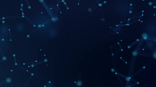 Abstract digital technology background. Moving banner with connected glowing network nodes lines on dark blue backdrop. Big Data and Information Technology. Realistic graphic animated footage