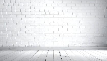 White brick wall backdrop with wooden floor. Clean aesthetic, soft lighting, empty space