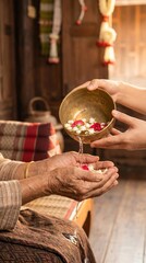 Hands exchanging a bowl of flower offerings.