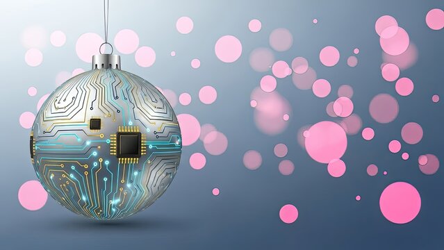 Hanging digital Christmas ornament sphere decorated with integrated circuits and microprocessors against a blurred background of pink bokeh lights.