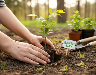 Hands planting a small tree in rich soil.