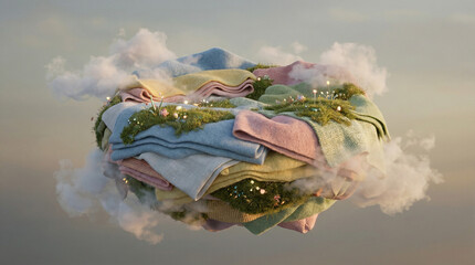 Clean surreal floating island made of fabric and grass with pastel clouds and calm atmosphere