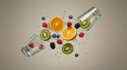 Surreal still life of floating fruit with glasses of juice. Fruit splash. Tropical drink