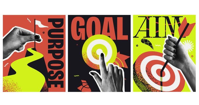 Halftone Poster Set. Moving banner with hands pointing towards targets and holding flag on top of cliff. Business goal, achieve targets and success. Flat graphic animated cartoon