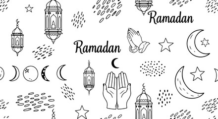 Ramadan and Eid seamless pattern with line art lanterns, crescent moons, stars, and praying hands. Black and white vector background.