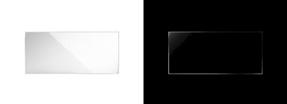 Illustration on an isolated PNG background. Modern transparent glass panel with soft highlights, isolated on a black and white background. Transparent glass sign.