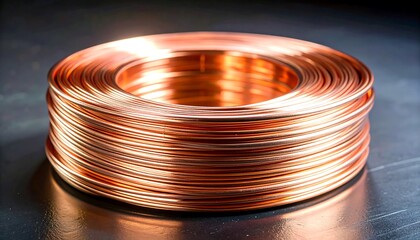 A gleaming coil of pure copper wire resting on a dark, reflective metallic surface.