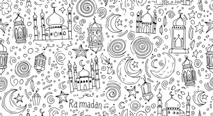 Obraz premium Ramadan doodle seamless pattern with mosque, lantern, and crescent moon illustrations. Hand-drawn black and white line art background.