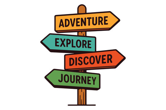 Directional wooden signpost with adventure explore discover and journey text