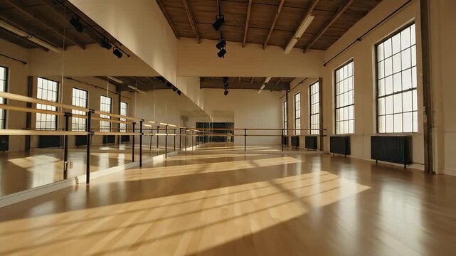 Spacious Dance Studio with Natural Light and Wooden Floors.