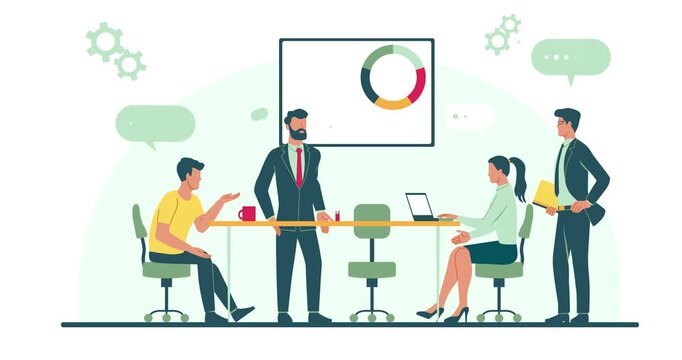 Business Discussion. Moving banner with office workers and entrepreneurs discussing project at conference, briefing or meeting. Analysis of data, graphs and charts. Flat graphic animated cartoon