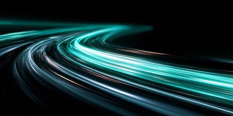 Bright blue and green light trails streak across a dark background.