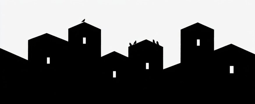 Uneven rooftop silhouettes marked by jagged irregular window openings and rugged edges