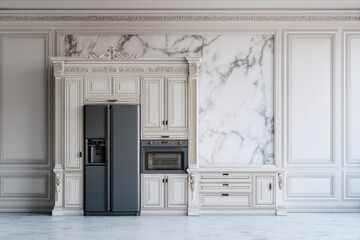 Elegant kitchen with marble wall and dark refrigerator.