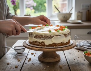 Person decorating a delicious cake in kitchen.