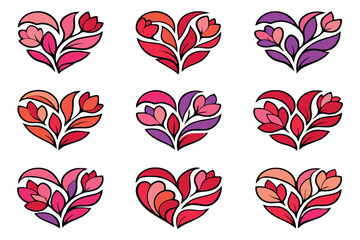Floral Heart Icons Collection with Stylized Leaves and Flowers for Romantic Design