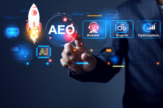 answer engine optimization AEO concept with businessman touch on virtual interface to optimizing answer user queries definitive ai answer in artificial intelligence search results