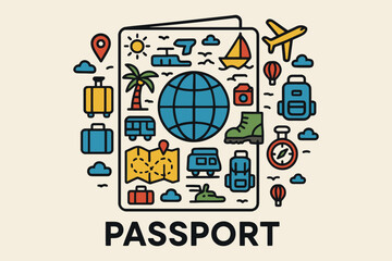 Travel Passport Surrounded by Various Tourism and Transportation Icons