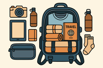Travel backpack flat lay with camera passport and holiday essentials