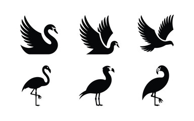 Obraz premium Bird silhouette vector set with crane, swan, flamingo and ibis shapes, wildlife logo icons for poster, wedding decor design