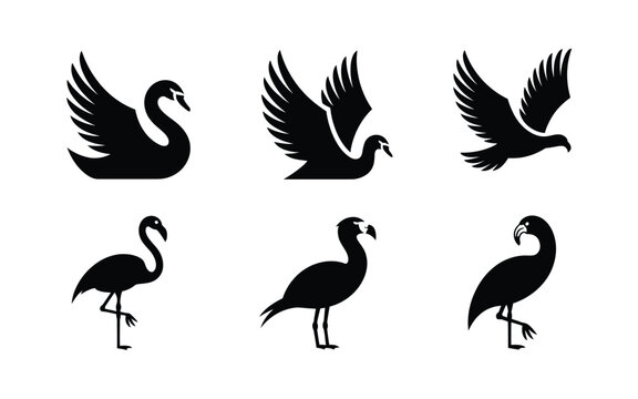 Bird silhouette vector set with crane, swan, flamingo and ibis shapes, wildlife logo icons for poster, wedding decor design