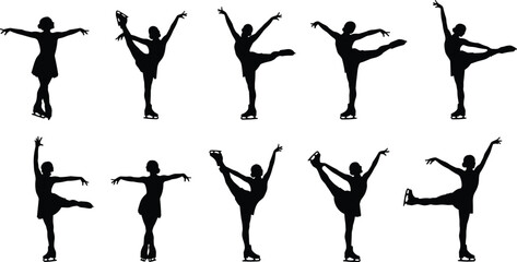 Figure skating silhouettes collection featuring graceful ice skater poses, black winter sports vector illustrations isolated on white background for training posters and graphic design © Shahariar's World