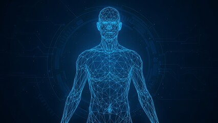 Digital wireframe human body model displaying connections against dark blue background illustrating medical futuristic technology science research