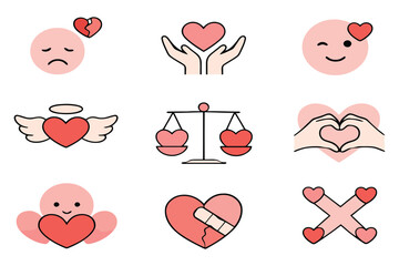 Heart Emotional Icons Set for Care Healing and Relationship Support Concepts