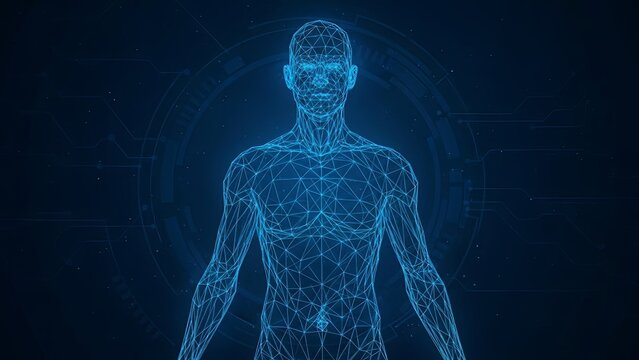 Digital wireframe human body model displaying connections against dark blue background illustrating medical futuristic technology science research