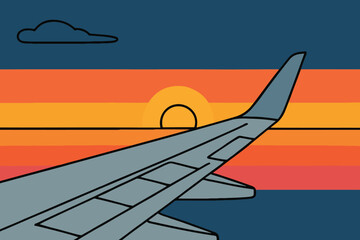 View from Airplane Window of Wing Flying over Sunset Clouds