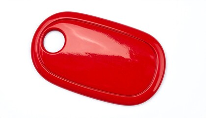 Isolated, glossy, red, oval-shaped tag with a hole, presented on a white backdrop